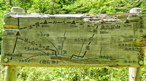林道 河内谷線に出る。木彫りの案内図。風合いがある